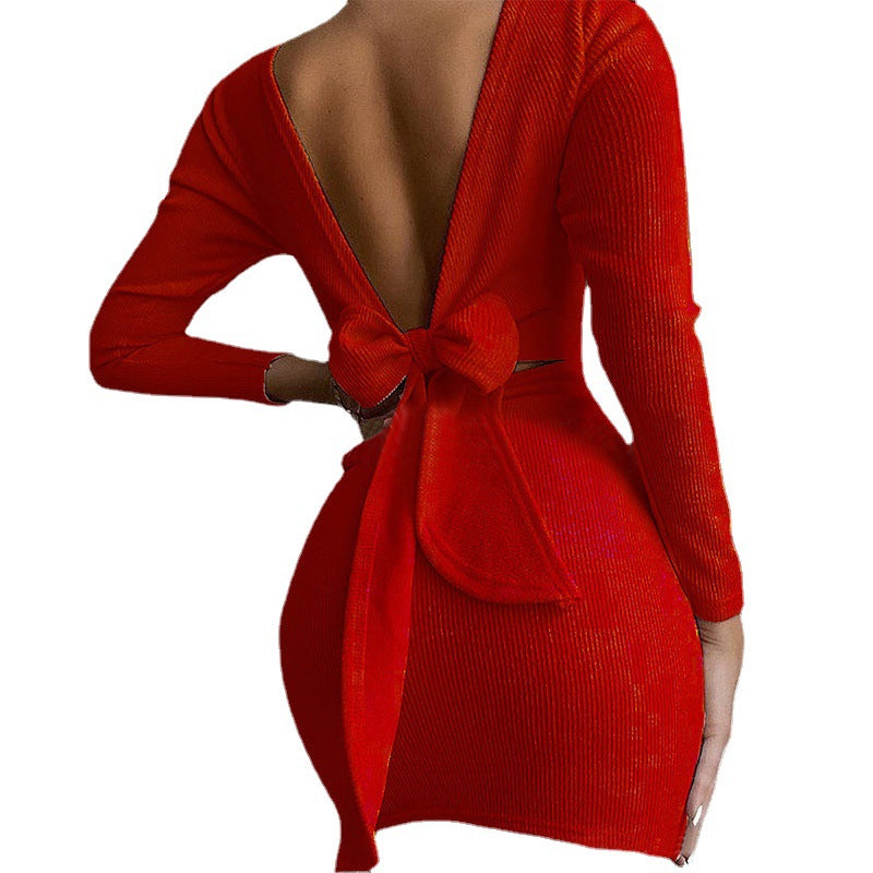 Cross-border Bow Halter Long Sleeve Mini Dress