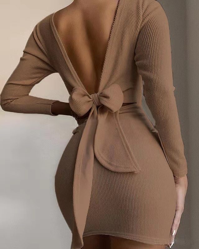 Cross-border Bow Halter Long Sleeve Mini Dress