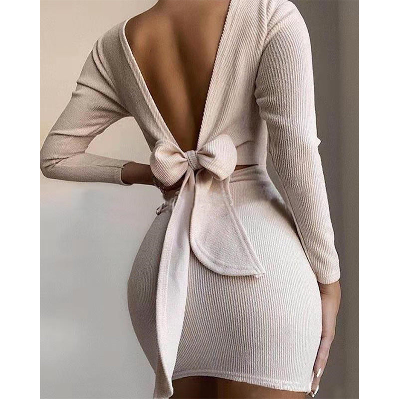 Cross-border Bow Halter Long Sleeve Mini Dress