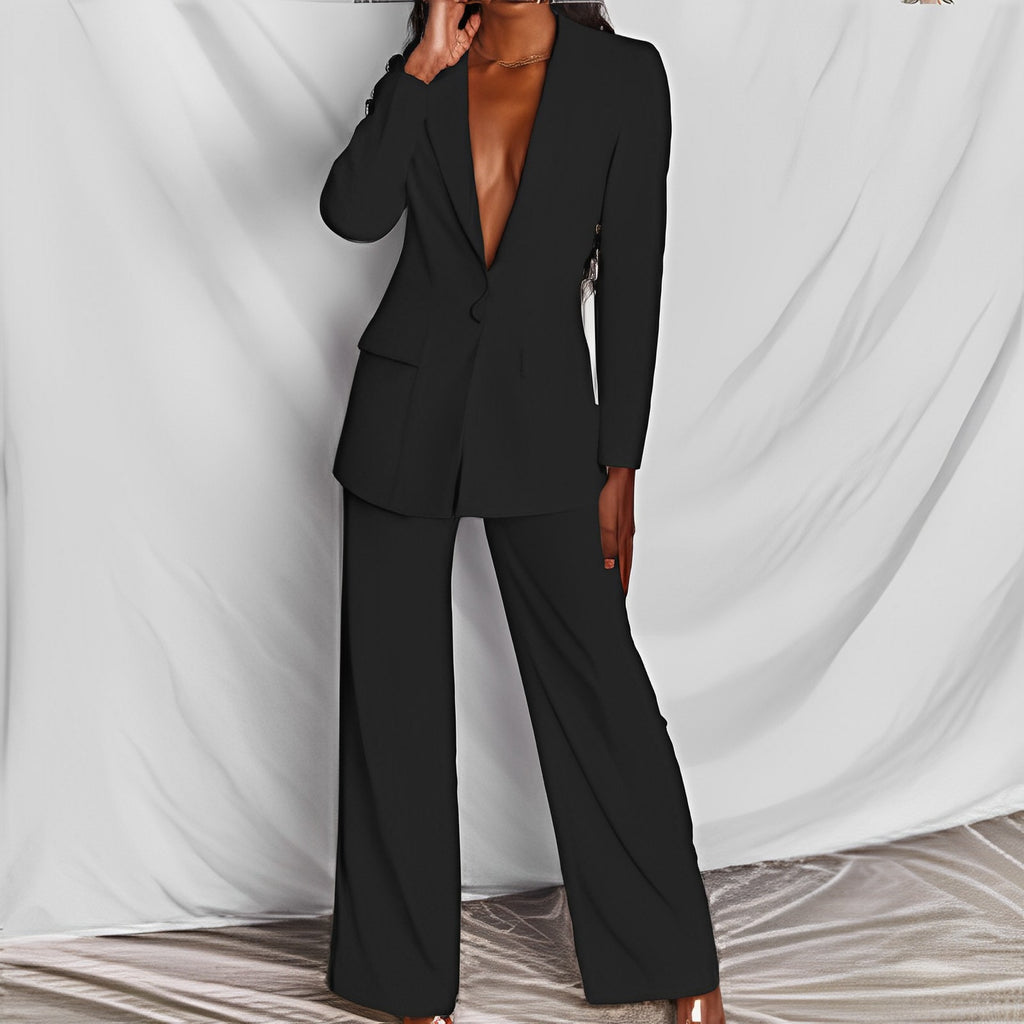2pcs Casual Suit Lapel Button-down Blazer Jacket And Straight-leg Pants Office Commuting Business Trousers Set Clothing