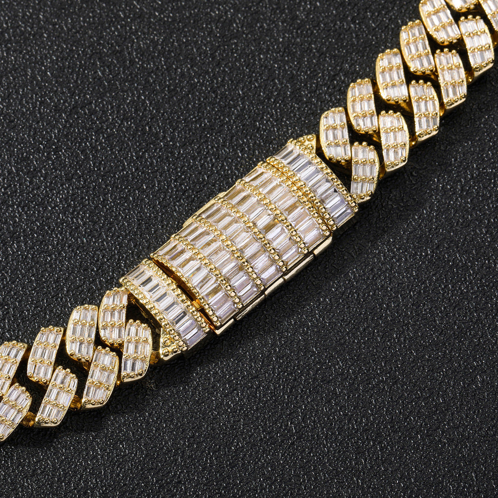 Wide Cubic Zircon Rhombus Cuban Chain Flap Buckle