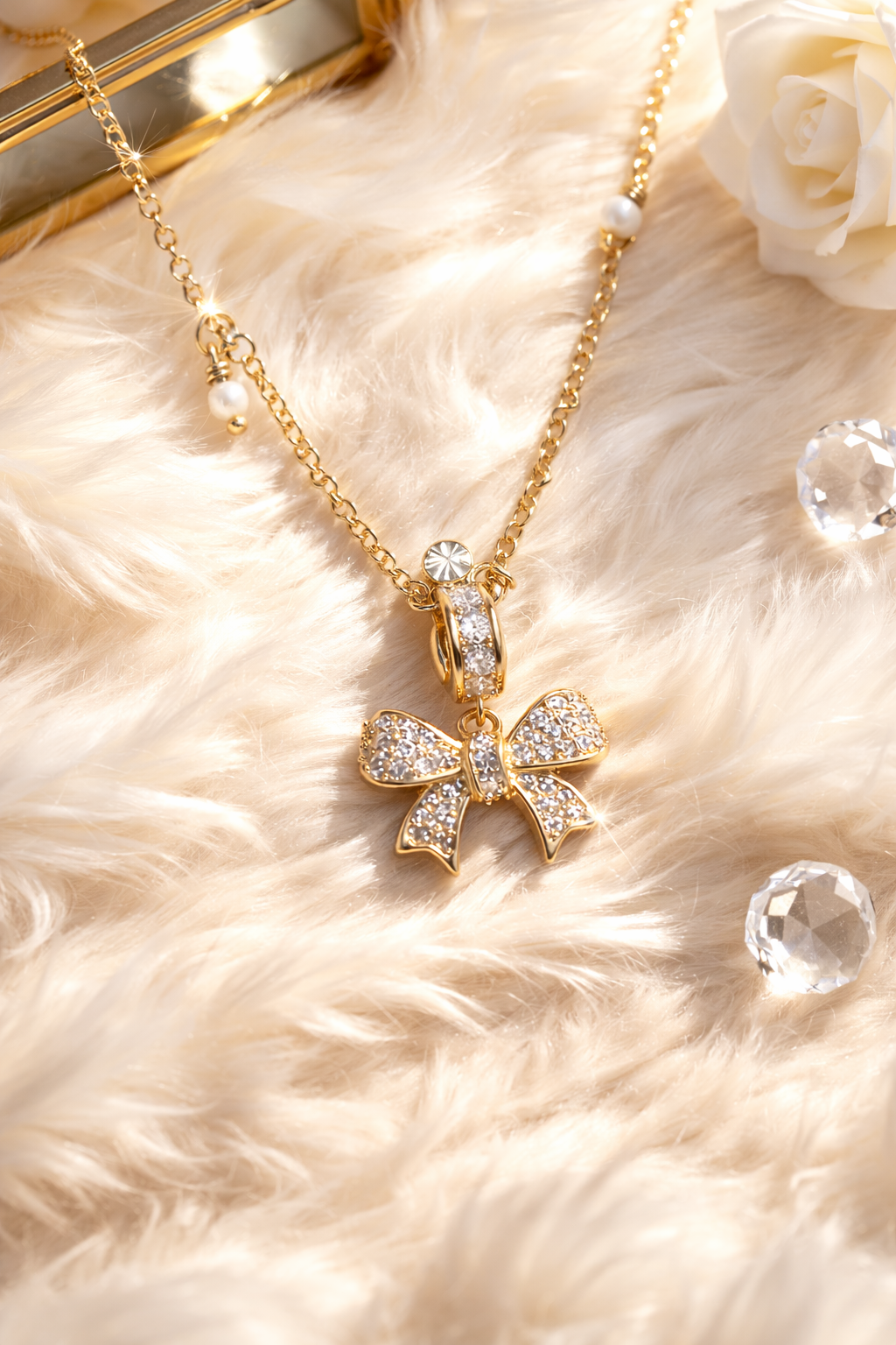 Golden Bow Crystal Charm Necklace