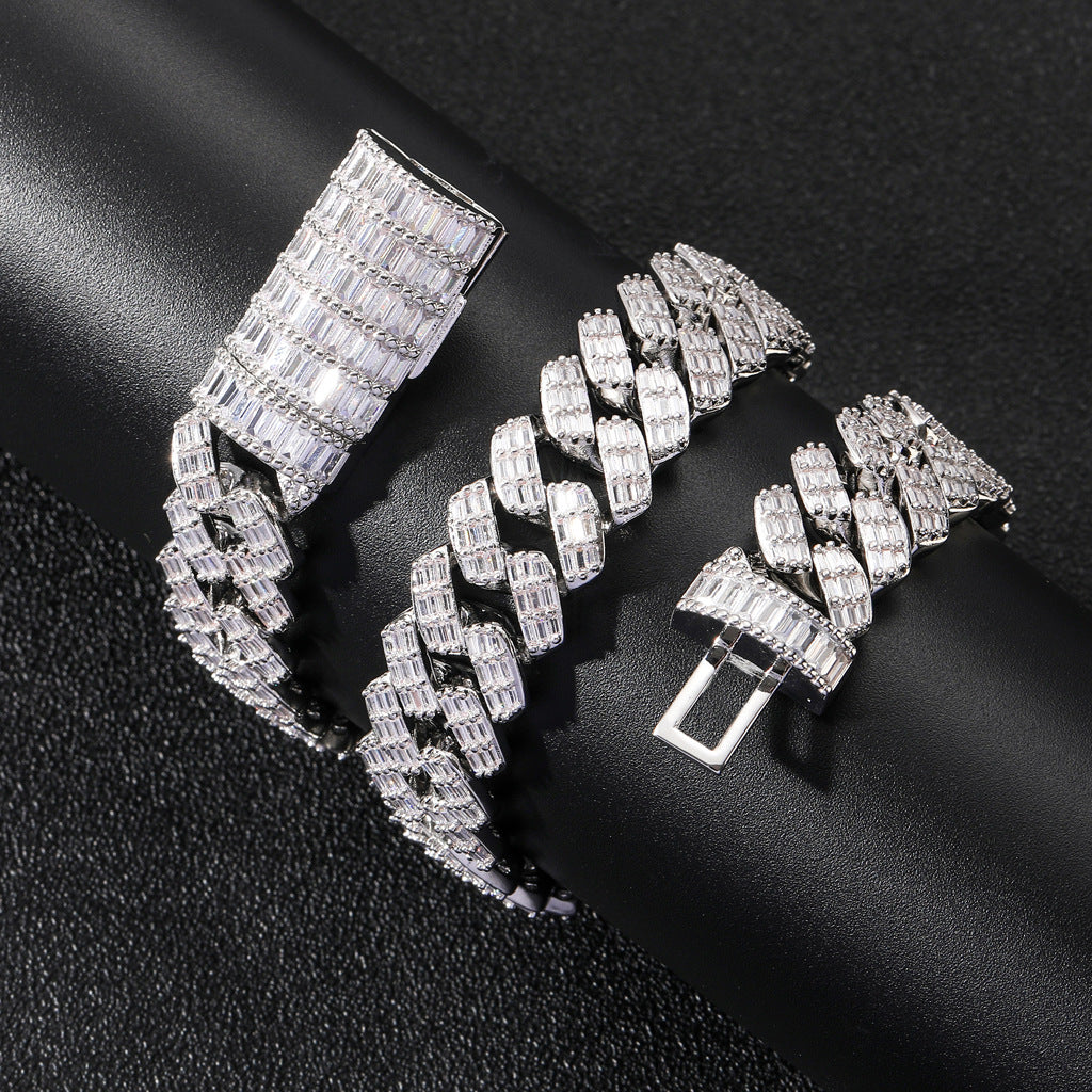 Wide Cubic Zircon Rhombus Cuban Chain Flap Buckle