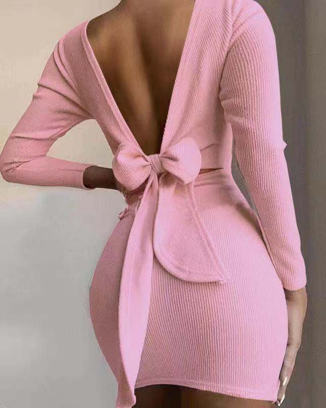 Cross-border Bow Halter Long Sleeve Mini Dress
